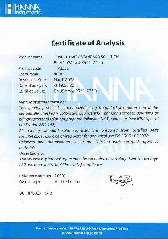 84 µS/cm Conductivity Calibration Solution (500mL)