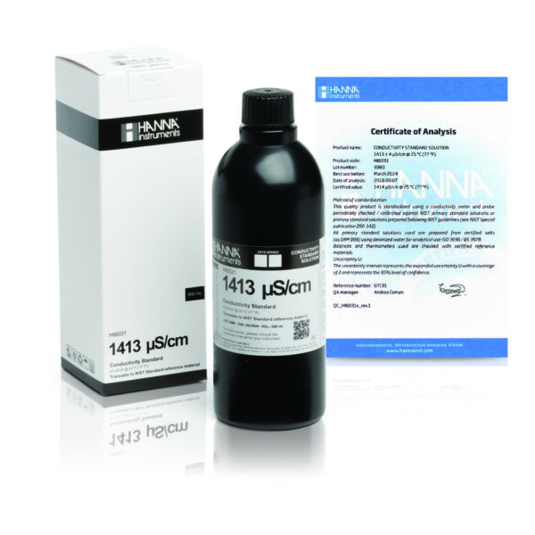 Conductivity Calibration Solution (EC) 1413 µS/cm, 500mL Clear Bottle HI6031