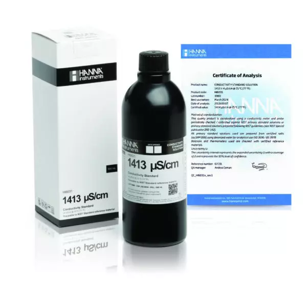 Dung Dịch Hiệu Chuẩn Độ Dẫn (EC) 1413 µS/cm, Chai Chắn Sáng 500mL HI6031