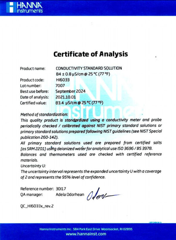Conductivity Calibration Solution (EC) 84 µS/cm, 500mL Clear Bottle