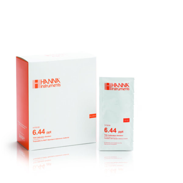 TDS 校正液 6.44 g/L (ppt)、20 mL 25 パック入りボックス HI70038P
