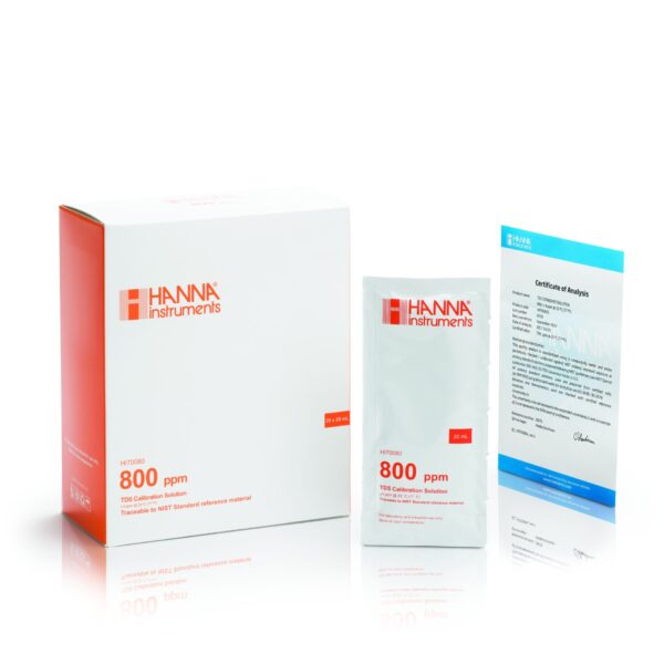 TDS 校正液 800 mg/L (ppm)、20 mL 25 パック入りボックス HI70080P
