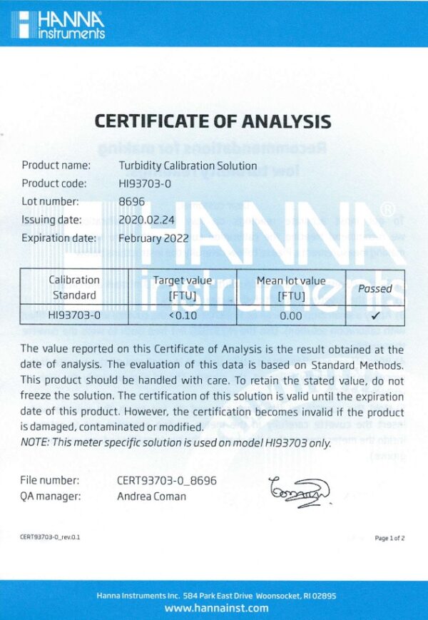 0 FTU Turbidity Calibration Solution (30mL)