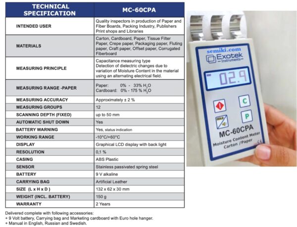 EXOTEK MC-60CPA thiết bị đo độ ẩm giấy, thùng carton 0-33% - 画像 (3)