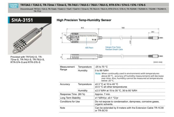 T&D SHA-3151 đầu dò nhiệt độ, độ ẩm (-25 to 70 °C / 0 to 99 %RH) - Image 3