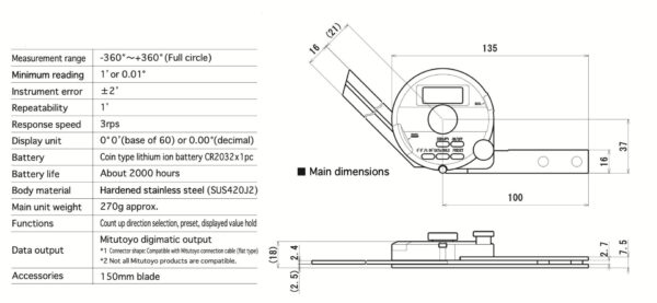 MARUI KEIKI DP-601 thước điện tử đo góc (-360°~+360°/ Blade 150mm) - Image 4